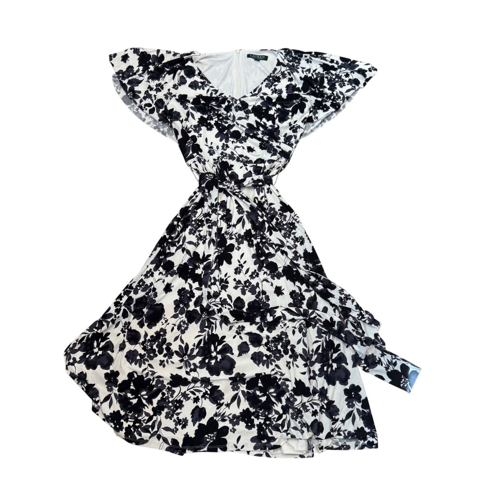 Lauren Ralph Lauren Navy White Floral Flutter Sleeve Midi Wrap Dress‎ Size 0